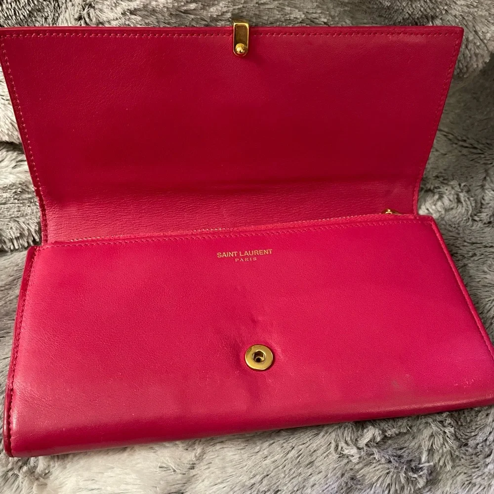 YSL Saint Laurent Paris Calfskin Y Line Flap Wallet Long Leather Pink Fuchsia - Picture 9 of 12